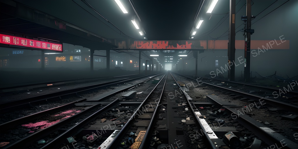 【2K背景素材】退廃サイバーパンク 廃駅プラットフォーム(夜)|10枚セット