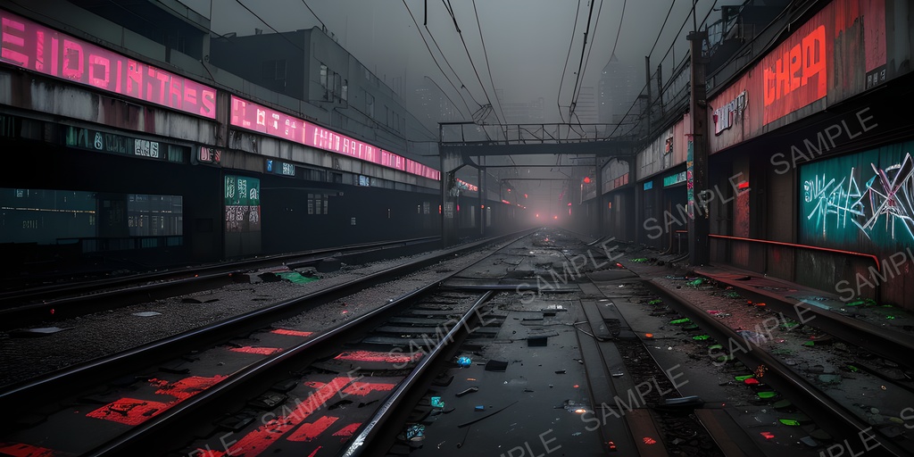 【2K背景素材】退廃サイバーパンク 廃駅プラットフォーム(夜)|10枚セット