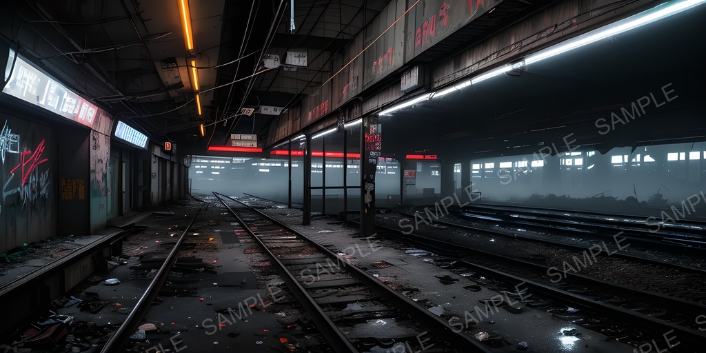 【2K背景素材】退廃サイバーパンク 廃駅プラットフォーム(夜)|10枚セット