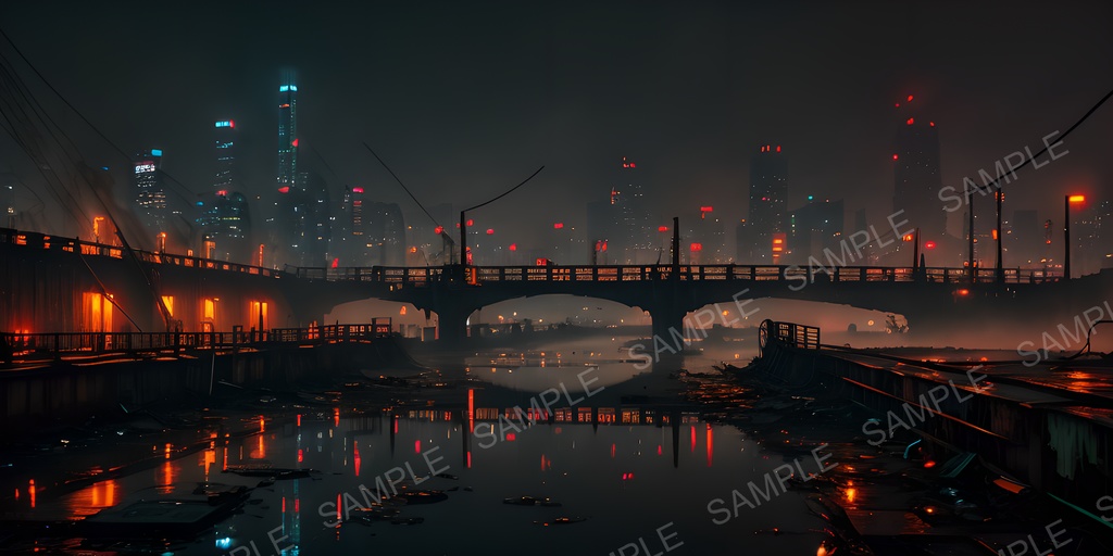 【2K背景素材】退廃サイバーパンク 夜の廃橋|10枚セット