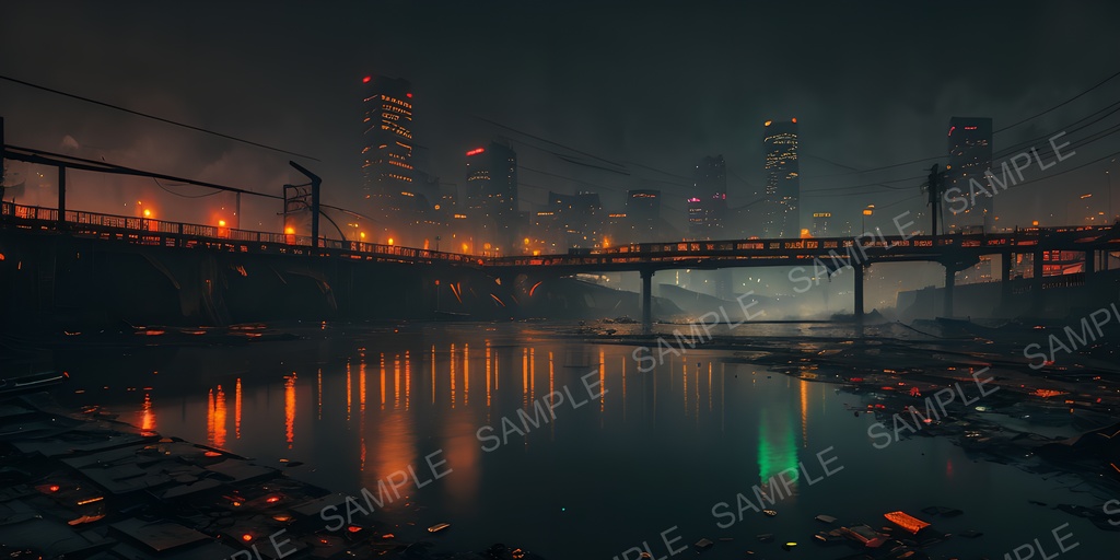 【2K背景素材】退廃サイバーパンク 夜の廃橋|10枚セット