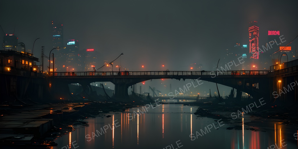 【2K背景素材】退廃サイバーパンク 夜の廃橋|10枚セット