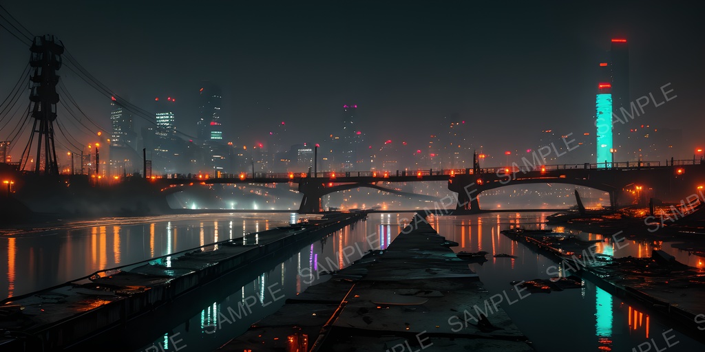 【2K背景素材】退廃サイバーパンク 夜の廃橋|10枚セット