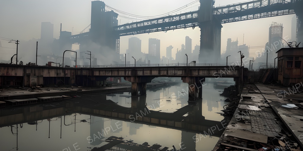 【2K背景素材】退廃サイバーパンク 早朝の廃橋|10枚セット