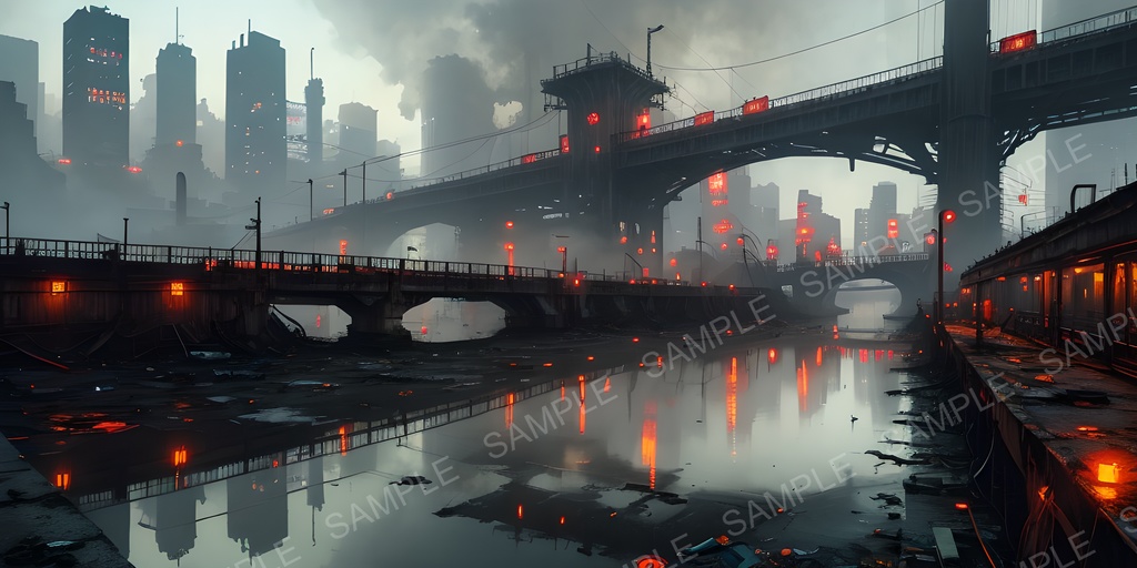 【2K背景素材】退廃サイバーパンク 早朝の廃橋|10枚セット