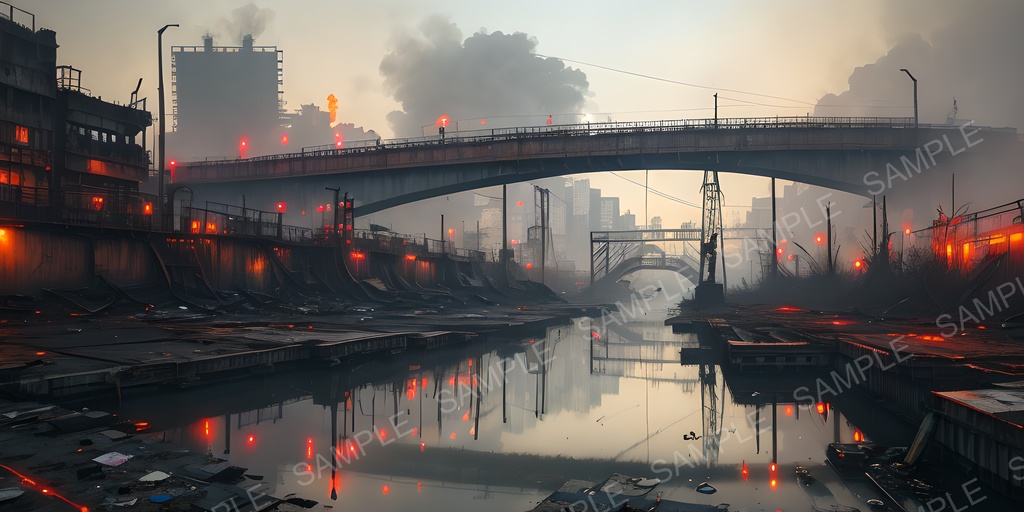 【2K背景素材】退廃サイバーパンク 早朝の廃橋|10枚セット