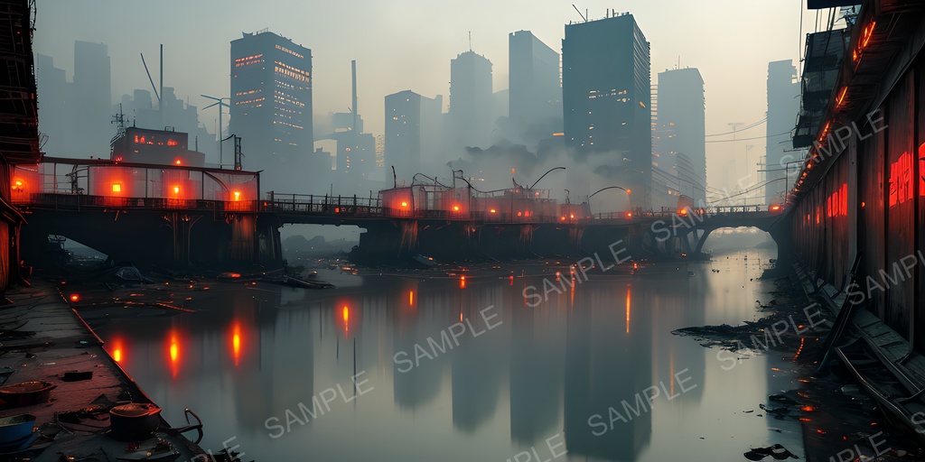 【2K背景素材】退廃サイバーパンク 早朝の廃橋|10枚セット