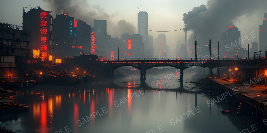 【2K背景素材】退廃サイバーパンク 早朝の廃橋|10枚セット