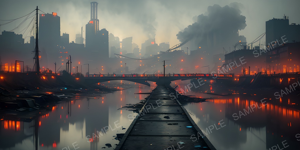 【2K背景素材】退廃サイバーパンク 早朝の廃橋|10枚セット