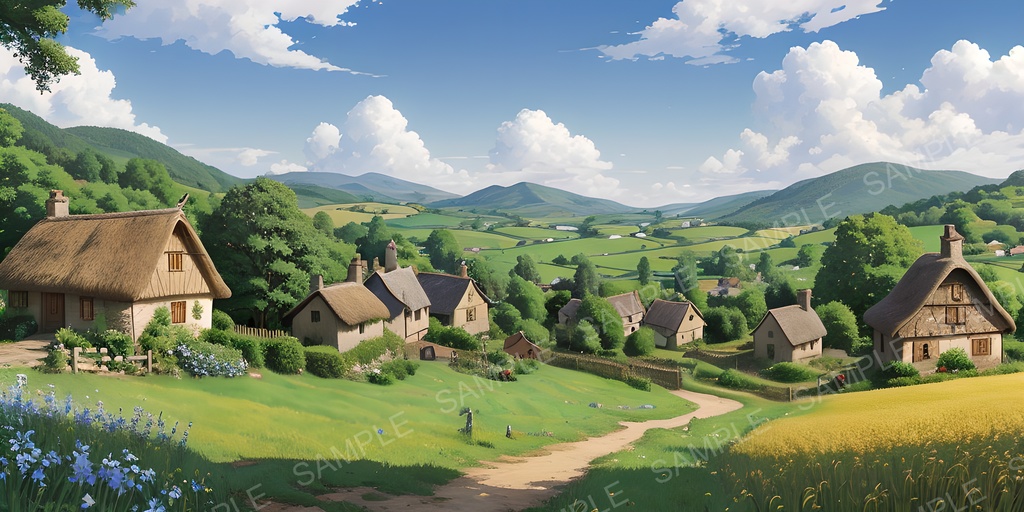 【2K背景素材】田舎の村と麦畑の風景|10枚セット