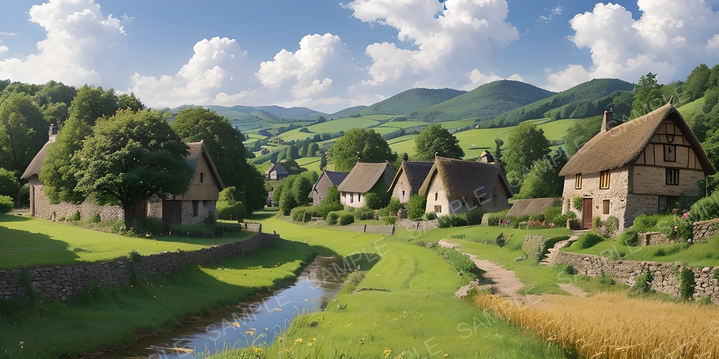 【2K背景素材】田舎の村と麦畑の風景|10枚セット