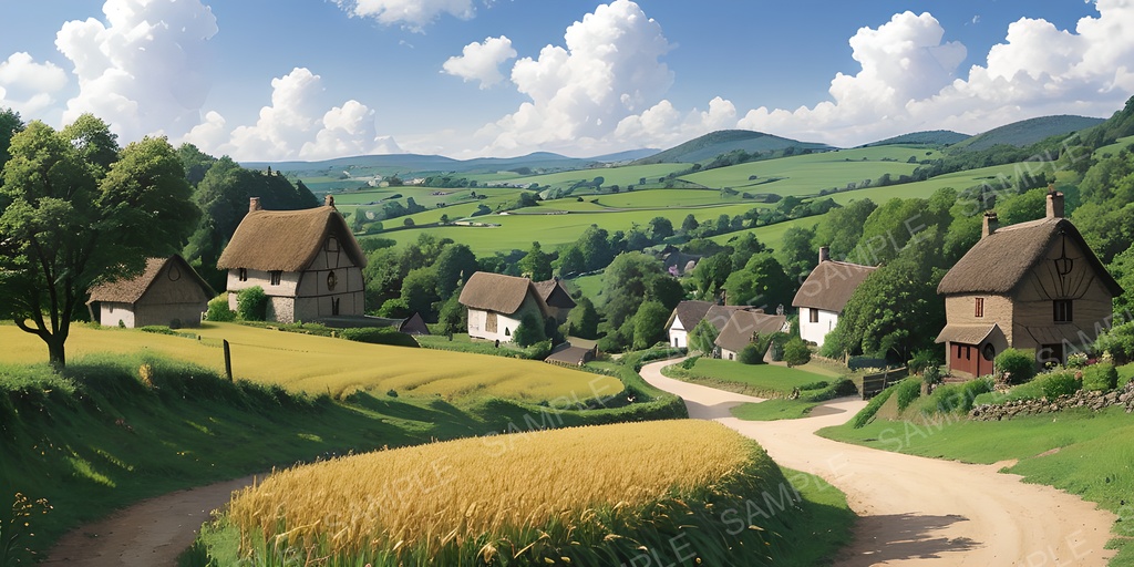 【2K背景素材】田舎の村と麦畑の風景|10枚セット