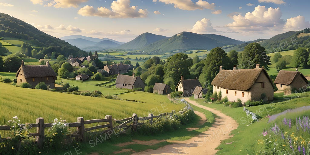 【2K背景素材】田舎の村と麦畑の風景|10枚セット