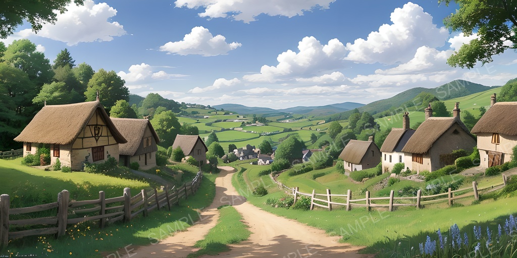 【2K背景素材】田舎の村と麦畑の風景|10枚セット