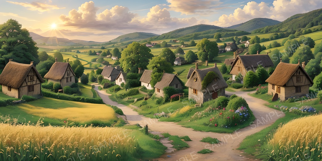 【2K背景素材】田舎の村と麦畑の風景|10枚セット