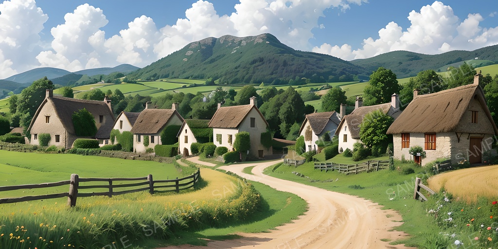 【2K背景素材】田舎の村と麦畑の風景|10枚セット