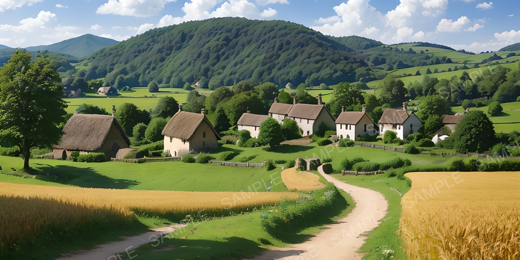 【2K背景素材】田舎の村と麦畑の風景|10枚セット