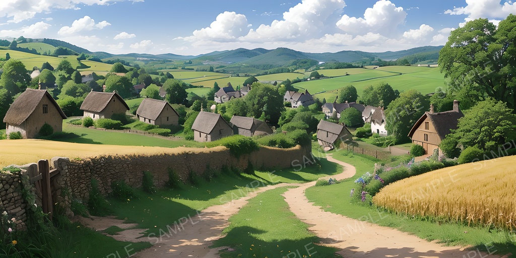 【2K背景素材】田舎の村と麦畑の風景|10枚セット