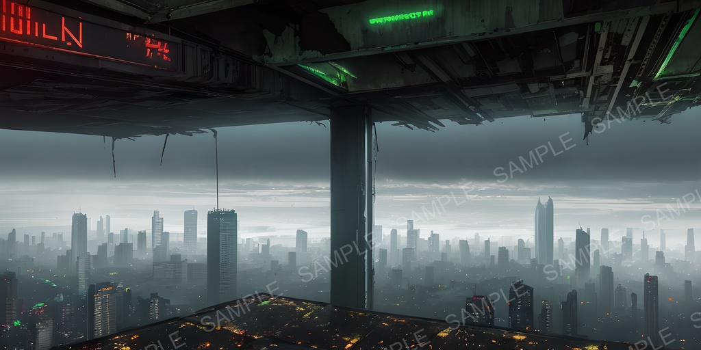 【2k背景素材】退廃サイバーパンク 崩れた展望デッキ|10枚セット