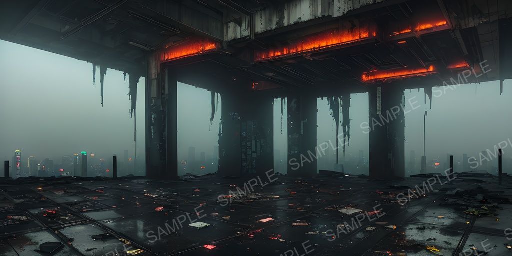 【2k背景素材】退廃サイバーパンク 崩れた展望デッキ|10枚セット