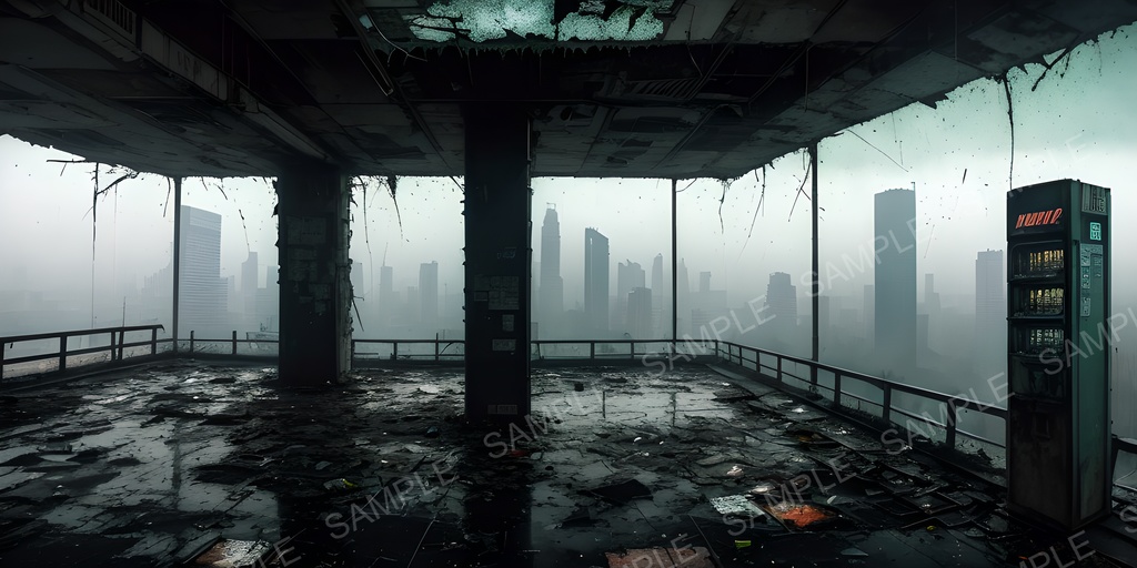 【2k背景素材】退廃サイバーパンク 崩れた展望デッキ|10枚セット