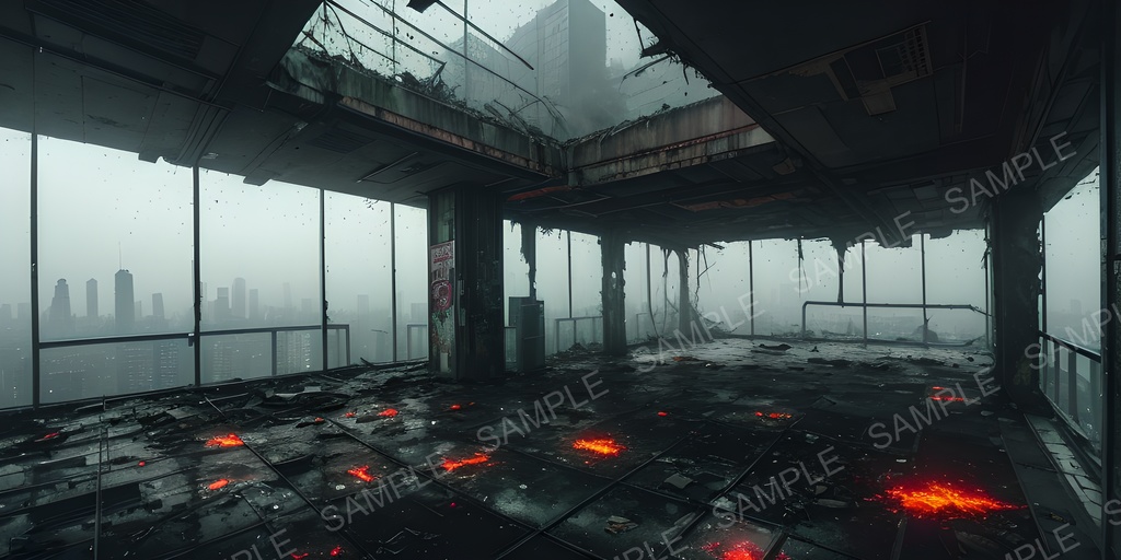 【2k背景素材】退廃サイバーパンク 崩れた展望デッキ|10枚セット