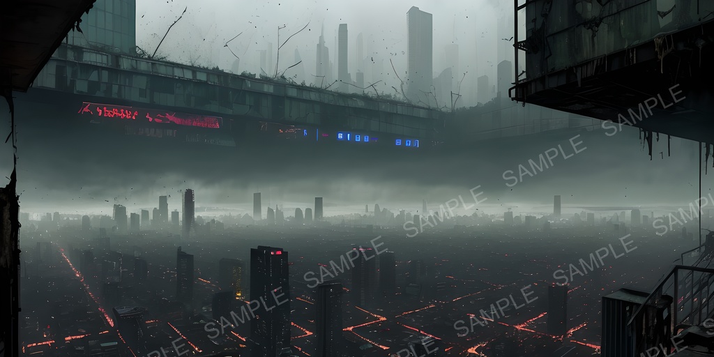 【2k背景素材】退廃サイバーパンク 崩れた展望デッキ|10枚セット