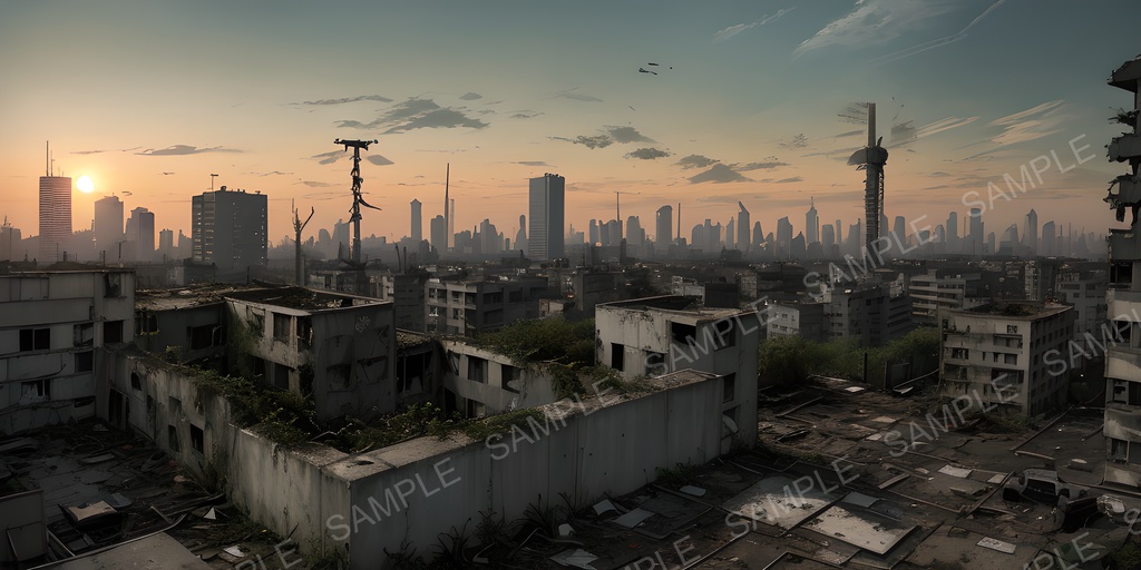 【2k背景素材】退廃サイバーパンク 夕暮れの廃ビル屋上|10枚セット