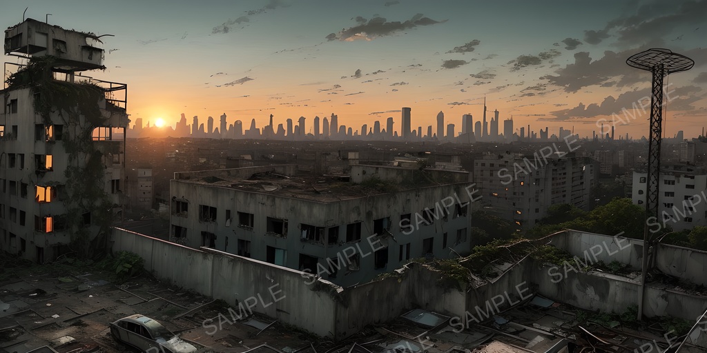 【2k背景素材】退廃サイバーパンク 夕暮れの廃ビル屋上|10枚セット