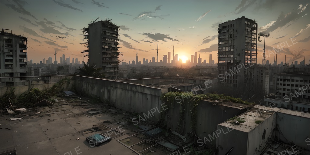 【2k背景素材】退廃サイバーパンク 夕暮れの廃ビル屋上|10枚セット