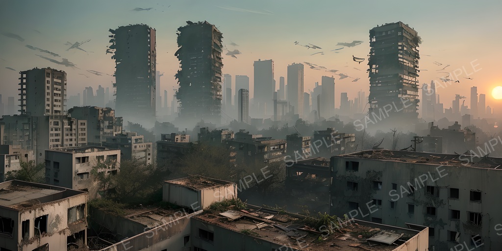 【2k背景素材】退廃サイバーパンク 夕暮れの廃ビル屋上|10枚セット