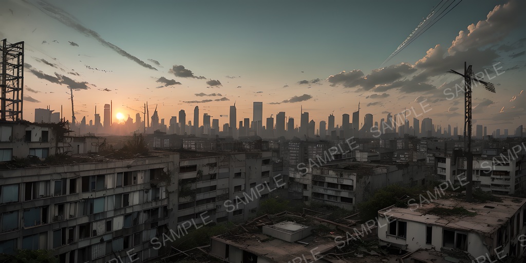 【2k背景素材】退廃サイバーパンク 夕暮れの廃ビル屋上|10枚セット