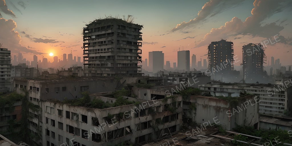 【2k背景素材】退廃サイバーパンク 夕暮れの廃ビル屋上|10枚セット