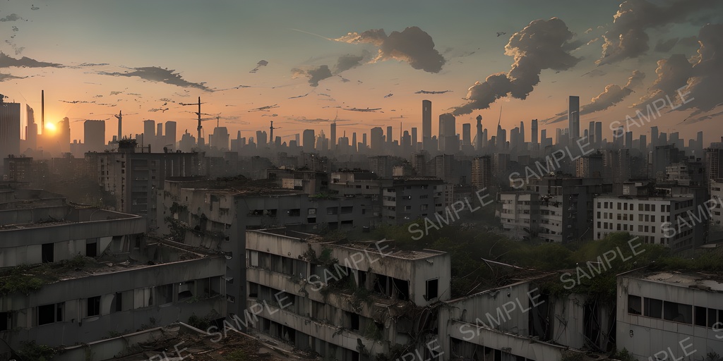 【2k背景素材】退廃サイバーパンク 夕暮れの廃ビル屋上|10枚セット