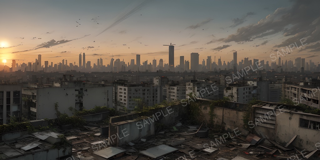 【2k背景素材】退廃サイバーパンク 夕暮れの廃ビル屋上|10枚セット