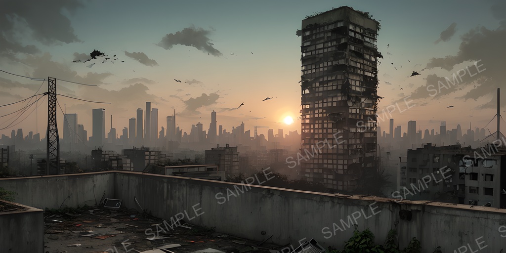 【2k背景素材】退廃サイバーパンク 夕暮れの廃ビル屋上|10枚セット