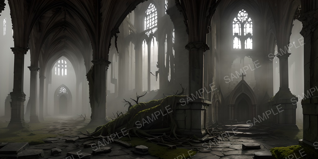 【2k背景素材】中世ファンタジー 退廃都市の大聖堂(内部)|10枚セット