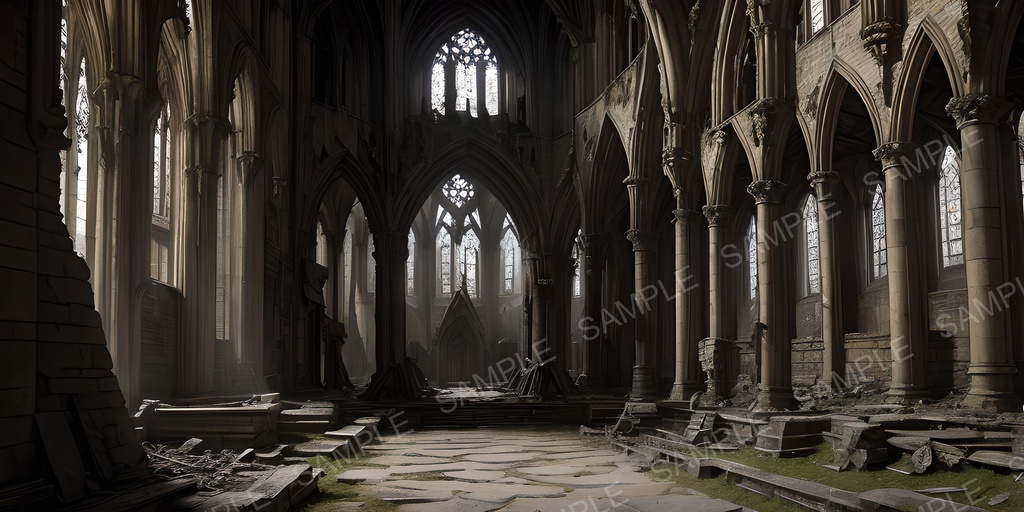 【2k背景素材】中世ファンタジー 退廃都市の大聖堂(内部)|10枚セット