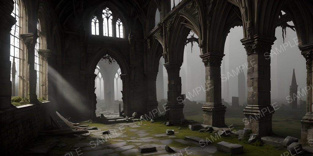 【2k背景素材】中世ファンタジー 退廃都市の大聖堂(内部)|10枚セット
