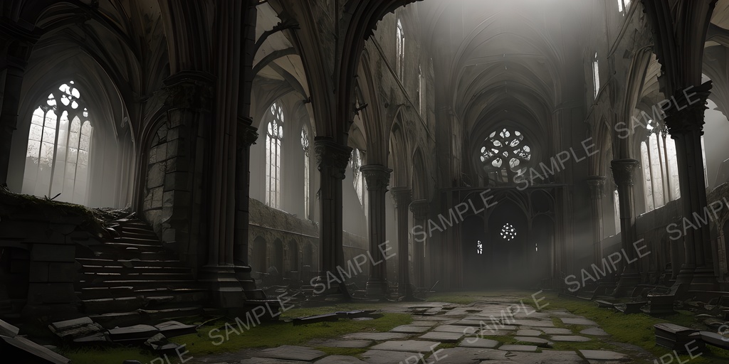 【2k背景素材】中世ファンタジー 退廃都市の大聖堂(内部)|10枚セット