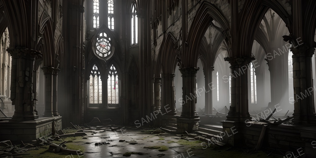 【2k背景素材】中世ファンタジー 退廃都市の大聖堂(内部)|10枚セット