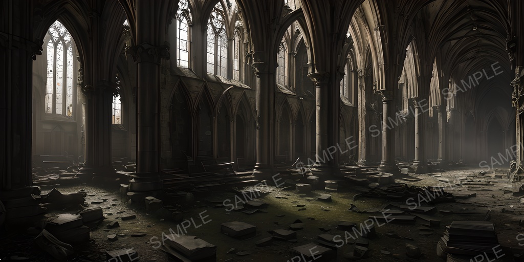 【2k背景素材】中世ファンタジー 退廃都市の大聖堂(内部)|10枚セット