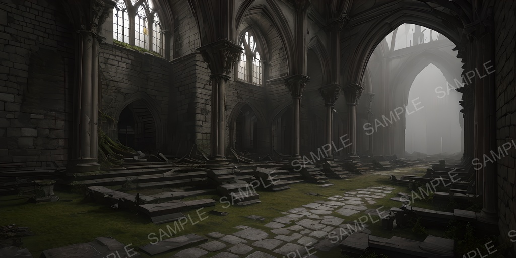 【2k背景素材】中世ファンタジー 退廃都市の大聖堂(内部)|10枚セット