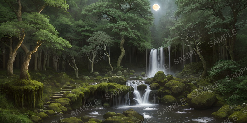 【2k背景素材】中世ファンタジー 聖域の滝と神秘の夜空|10枚セット