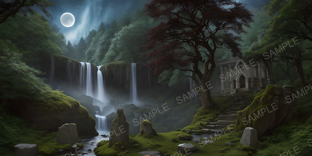 【2k背景素材】中世ファンタジー 聖域の滝と神秘の夜空|10枚セット