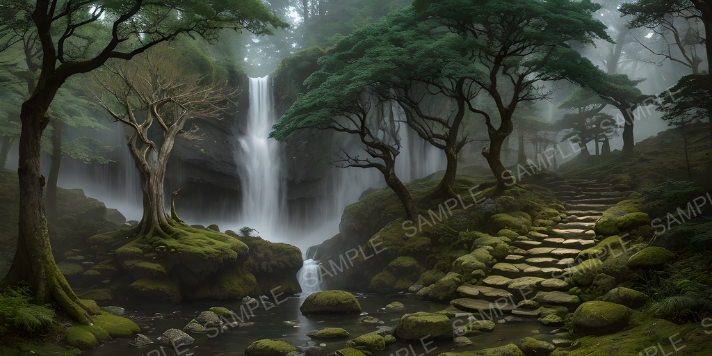 【2k背景素材】中世ファンタジー 聖域の滝と神秘の夜空|10枚セット