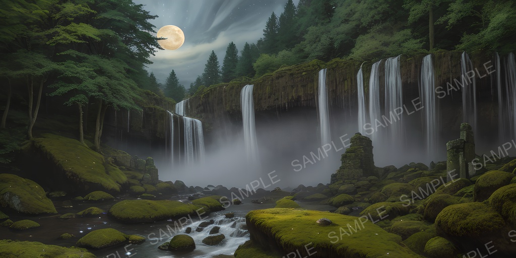 【2k背景素材】中世ファンタジー 聖域の滝と神秘の夜空|10枚セット