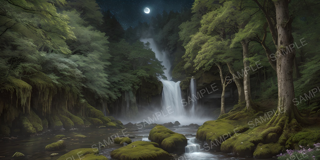 【2k背景素材】中世ファンタジー 聖域の滝と神秘の夜空|10枚セット