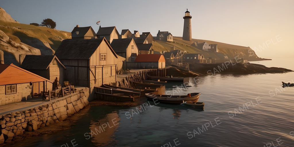 【2k背景素材】夕暮れの漁村と岬の灯台|10枚セット