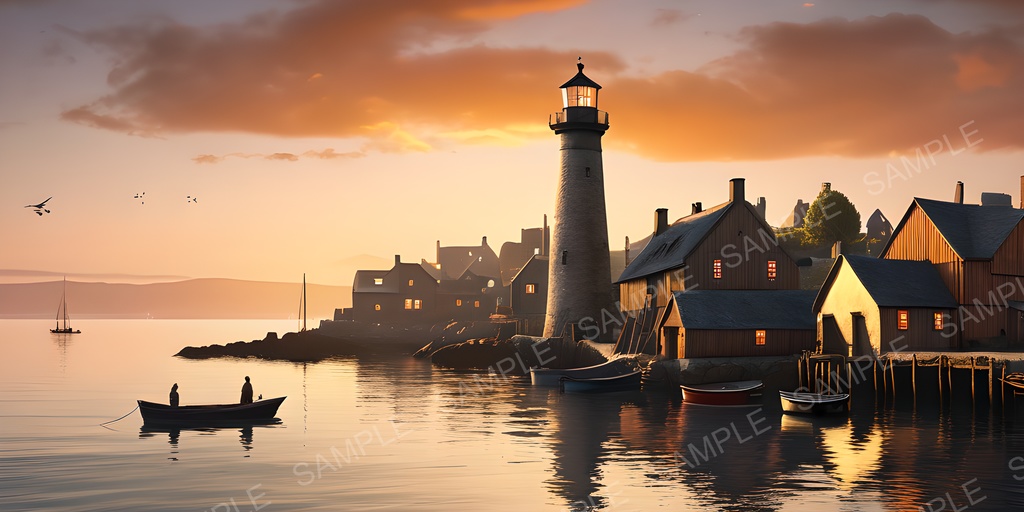 【2k背景素材】夕暮れの漁村と岬の灯台|10枚セット